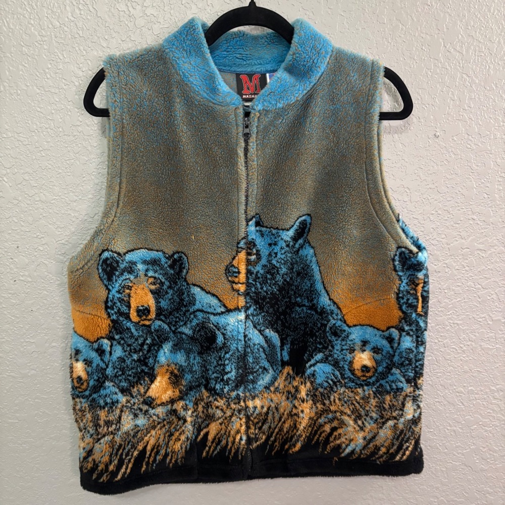 Vintage Mazmania Black‎ Bear Fleece Vest USA Made Full Zip Outdoor Wildlife Med